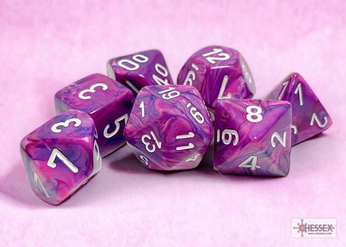 Festive Violet/white Polyhedral 7-Dice Set Black Light reactive