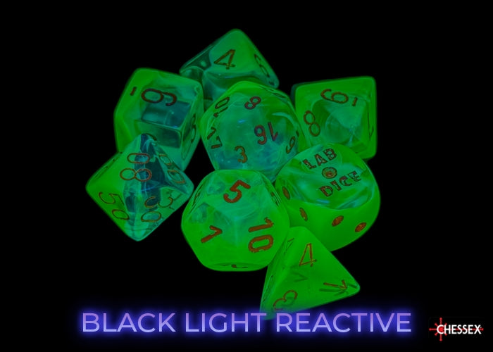 Gemini Plasma Green-Teal/orange Luminary Polyhedral 7-Dice Set