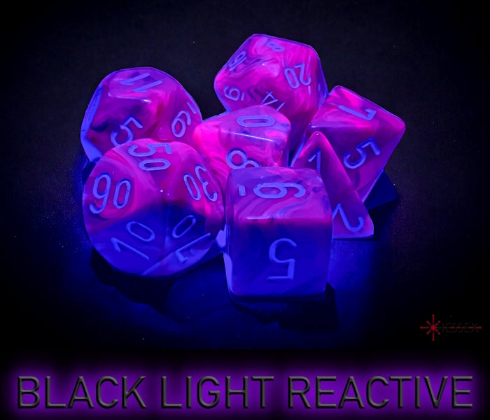 Festive Violet/white Polyhedral 7-Dice Set Black Light reactive