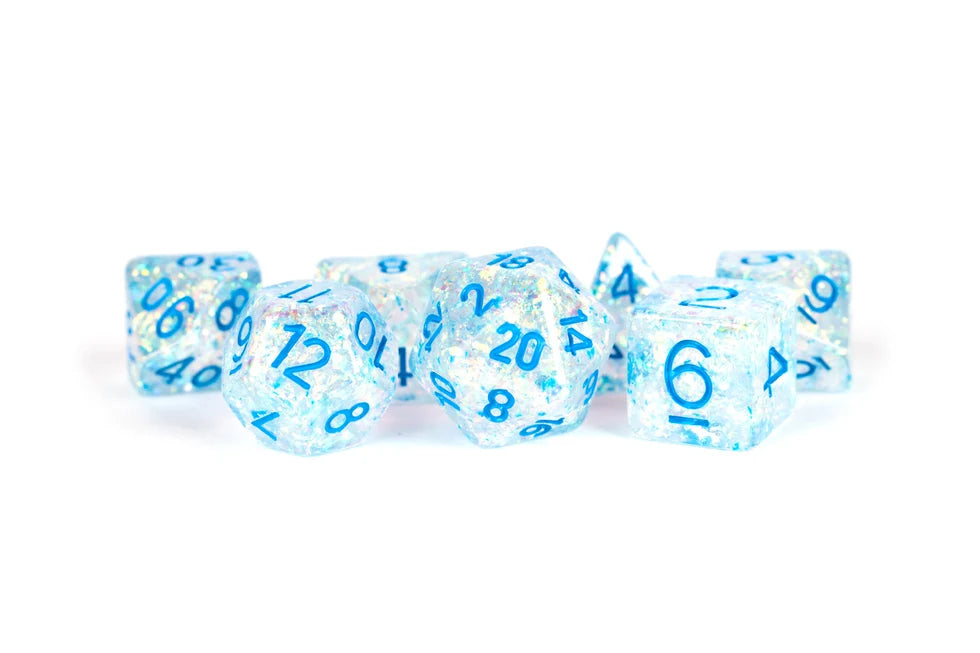 16mm Resin Flash Dice Poly Dice Set: Clear with Light Blue Numbers